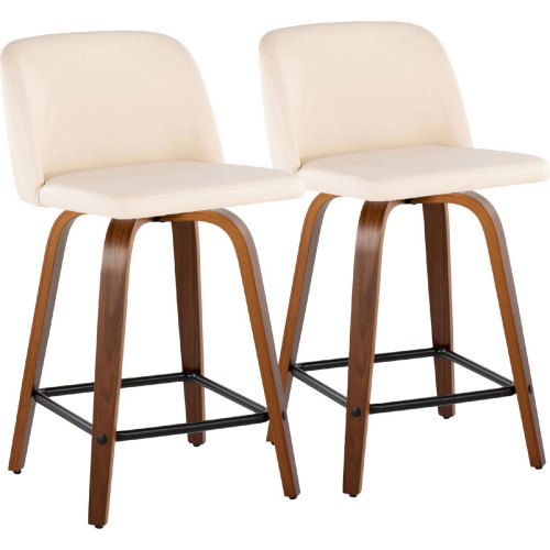 Toriano 24" Swivel Counter Stool in Walnut Wood & Cream Leatherette with Black Footrest (Set of 2)